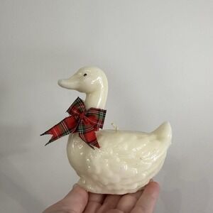VTG Wax Duck‎ Figural Candle White Plaid Bow 5" Christmas Decor Grannycore